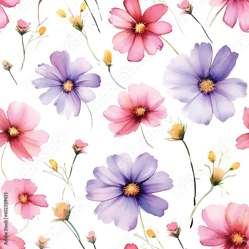 Seamless pattern with Cosmos floral plants. Seamless stylized watercolor flower pattern. Tiled and tillable, Wallpaper, wrapping paper design, textile, scrapbooking, digital paper. illustration