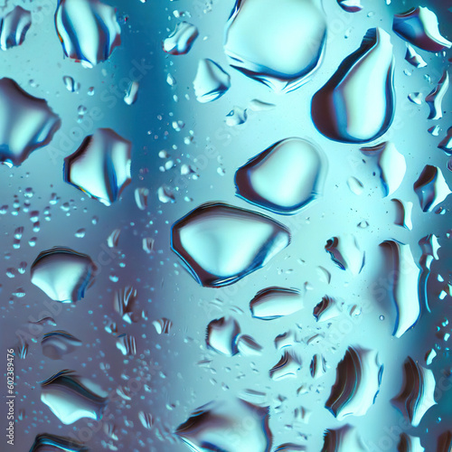 Abstract Aqua Patterns on Clear Glass Surface: Macro Raindrops, Dew, and Bubbles Create a Texture of Liquid Condensation in Blue. generative AI