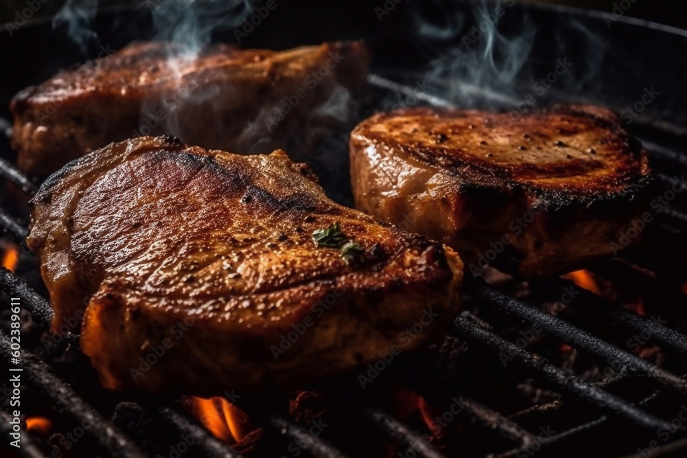 Juicy appetizing steaks on the grill. Smoke, fire. Grilled meat. Generative AI. Juicy appetizing steaks on the grill. Smoke, fire. Grilled meat. Generative AI.