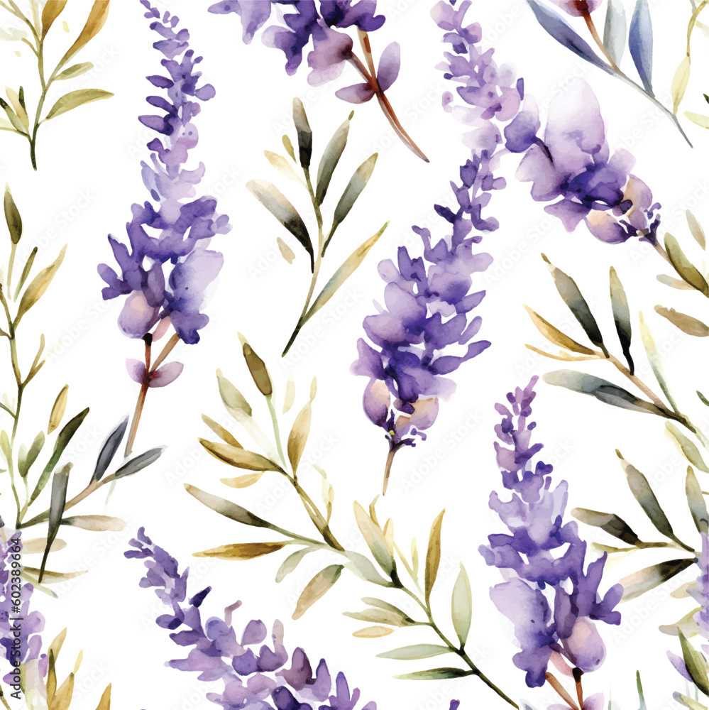 Seamless pattern with Lavender floral plants. Seamless stylized watercolor flower pattern.
Tiled and tillable, Wallpaper, wrapping paper design, textile, scrapbooking, digital paper. illustration