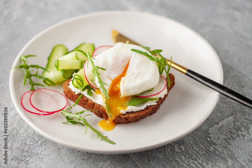 Open sandwich with vegetables and poached egg in a plate on the table Open sandwich with vegetables and poached egg in a plate on the table