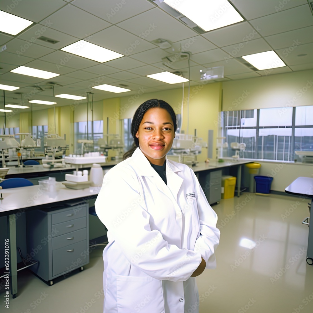 POC woman scientist in lab coat. Intense study. Discovery. Chemistry. Biology. Medicine. 