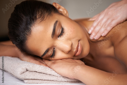 Girl, eyes closed or hands for back massage in hotel to relax for zen resting or wellness physical therapy. Face of woman in salon spa for body healing, sleeping or natural holistic detox by masseuse