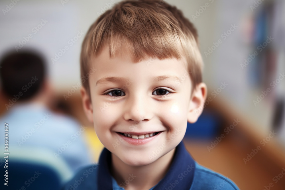 Smiling little kid in a classroom. Generative AI Smiling little kid in a classroom. Generative AI