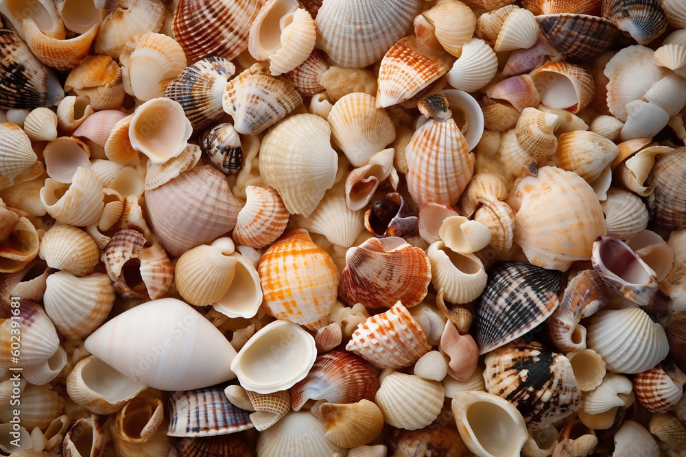 Seashells closeup background, marine poster. Generative AI