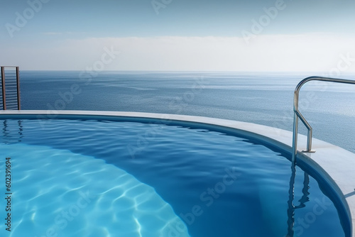 Beautiful swimming-pool with a sea view. Generative AI © lanych