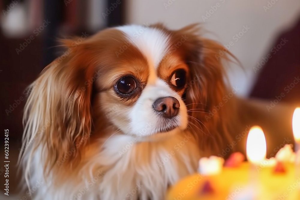 Sweet dog in front of a birthday cake. Generative AI