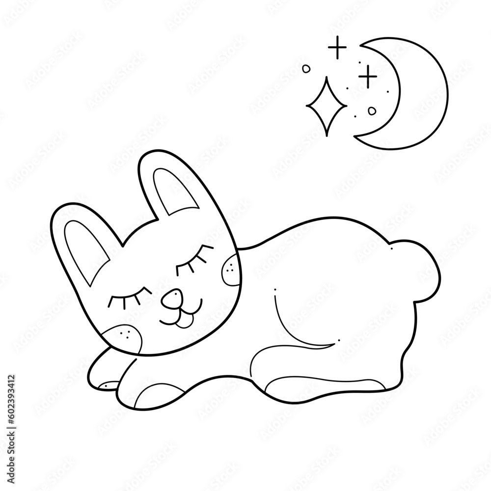 Cute rabbit is sleeping. Doodle black and white vector illustration.
