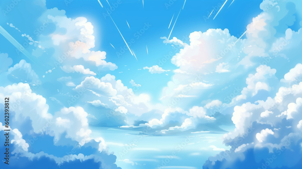 Blue sky with clouds. Anime style background with shining sun and white ...