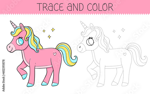 Trace and color coloring book with cute unicorn for kids. Coloring page with cartoon unicorn