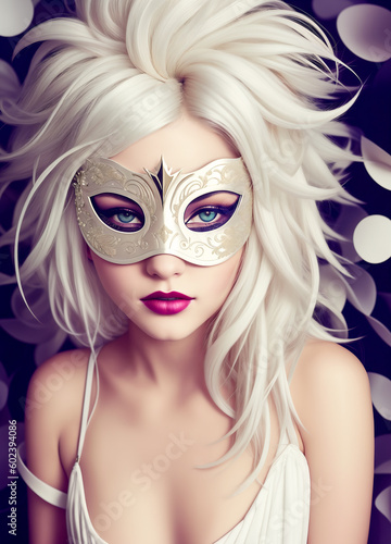 Portrait of a beautiful blonde woman with long hair wearing a mask.Fashion art.AI illustration