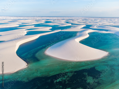 Vászonkép Drone shot of fresh rain water lagoons with white sand dunes at Lençóis maranhen