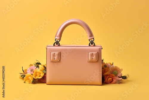 small handbag with flowers on a pink background, generative ai