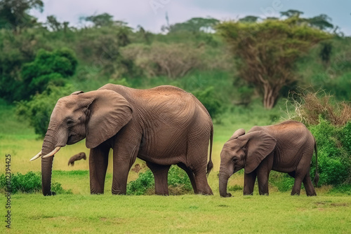 African Elephants family walking in the Savanna park  Animal wildlife habitat in the nature forest  beautiful of life  massive body part  largest mammal  with Generative AI.