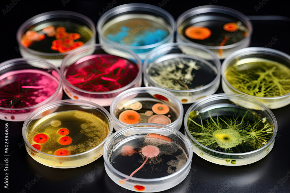 Colorful variety of microorganism inside petri dish plate in laboratory