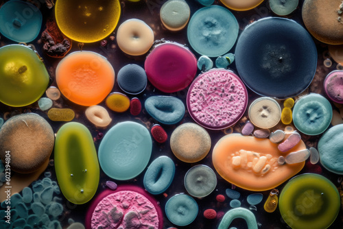 Colorful variety of microorganism inside petri dish plate in laboratory with super macro zoom background, including of bacteria, protozoa, algae, and fungi, with Generative AI. photo