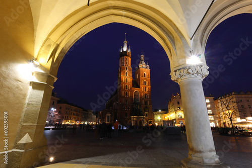 St Marys Basilica at nightime. Krakow, Poland, Europe.
