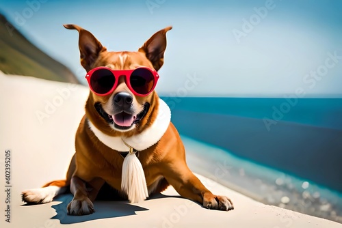 Hund mit cooler Sonnenrille und copy space am Strand im Urlaub in den Sommerferien im Sommerurlaub macht Ferien am Meer © fotoart89