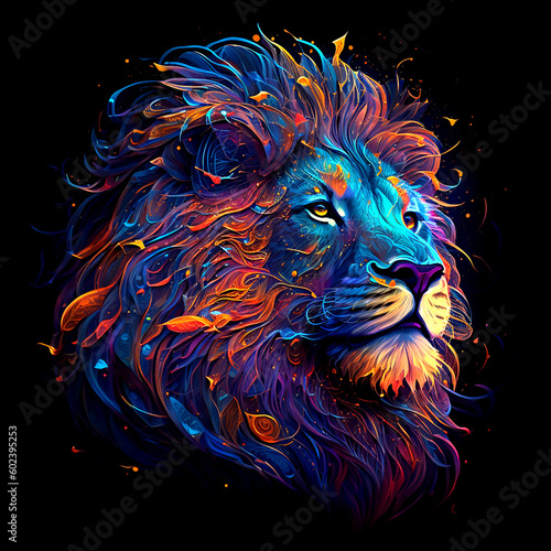 A psychedelic lion portrait. Lion zodiac sign in vibrant colors neon pink  purple  and blue