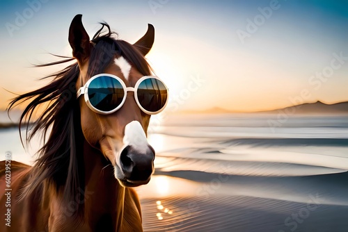 Pferd mit cooler Sonnenrille und copy space am Strand im Urlaub in den Sommerferien im Sommerurlaub macht Ferien am Meer