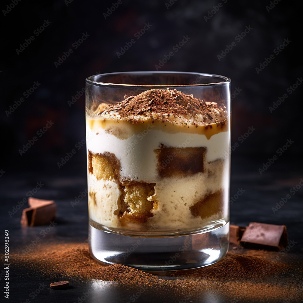 Tiramisu in a rocks glass. Creamy coffee dessert in a glass. Generative AI and digital editing. Tiramisu in a rocks glass. Creamy coffee dessert in a glass. Generative AI and digital editing.