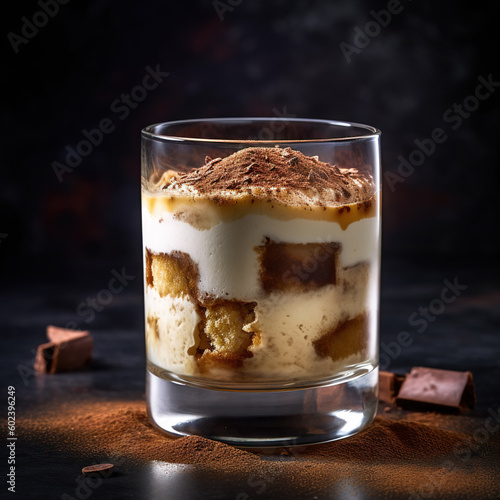 Tiramisu in a rocks glass. Creamy coffee dessert in a glass. Generative AI and digital editing.