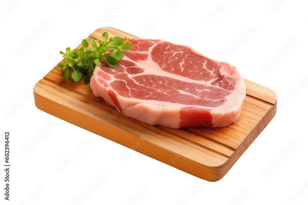 Raw pork on wooden cutting board for cooking on transparent background. Generative Ai Raw pork on wooden cutting board for cooking on transparent background. Generative Ai
