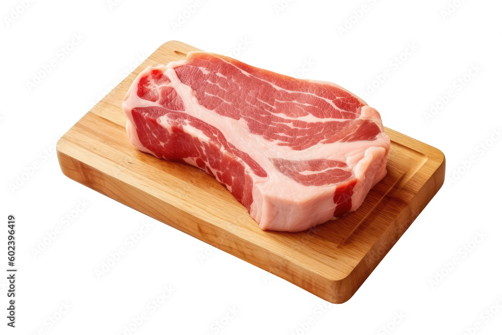 Raw pork on wooden cutting board for cooking on transparent background. Generative Ai Raw pork on wooden cutting board for cooking on transparent background. Generative Ai