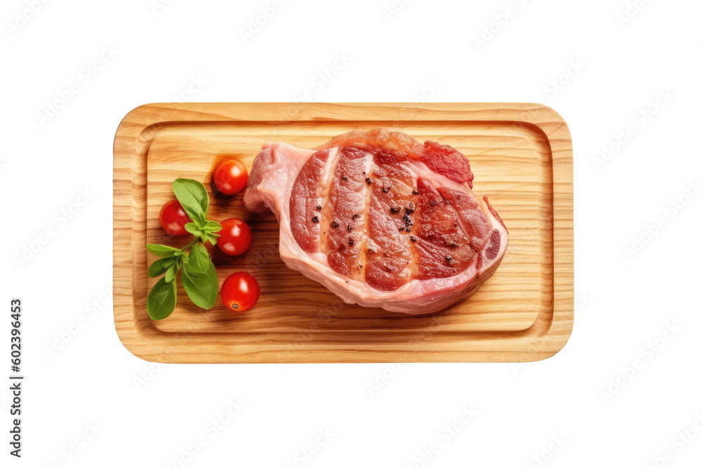 Raw pork on wooden cutting board for cooking on transparent background. Generative Ai Raw pork on wooden cutting board for cooking on transparent background. Generative Ai