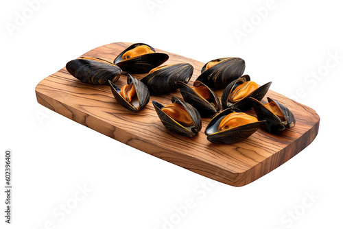 Mussels on wooden chopping board on transparent background. Generative AI