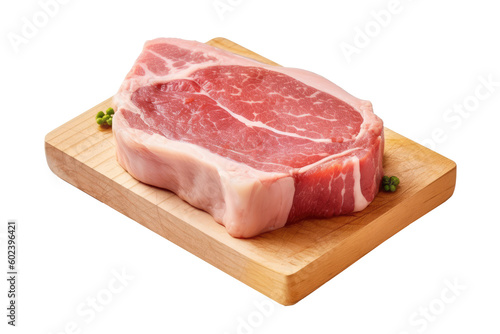 Raw pork on wooden cutting board for cooking on transparent background. Generative Ai photo
