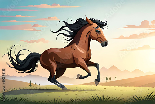 a happy  running horse  with elegant  flowing lines and a sense of motion