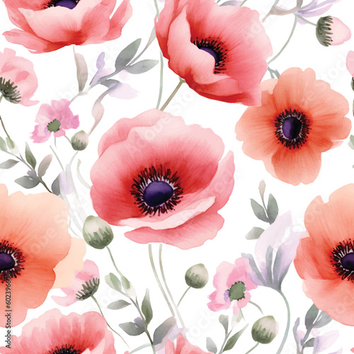 Seamless pattern with ANEMONE poppy floral plants. Seamless stylized watercolor flower pattern. Tiled and tillable, Wallpaper, wrapping paper design, textile, scrapbooking, digital paper. illustration © suzo