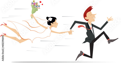 Married wedding couple running holding hands. 
Happy lovers characters. Happy running bridegroom holding hand of flying bride. Illustration on white background
