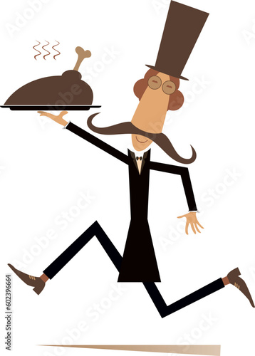 Man carries a tray with meat. 
Running long mustache man in the top hat carries a tray with meat, duck or chicken. Isolated on white background
