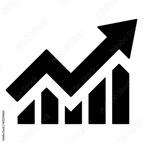 Single black arrow growing pointing up on chart graph bars icon, success graph trending upwards flat design interface infographic element for app ui ux web button, vector isolated on white background