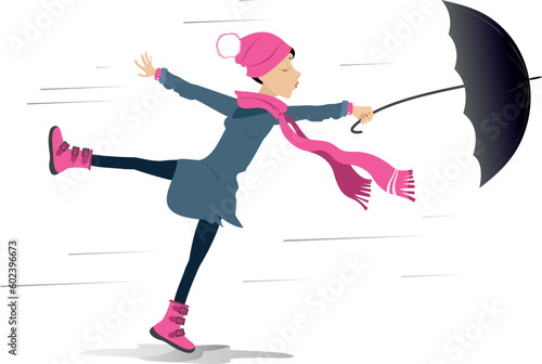 Woman, umbrella and windy and rainy day. 
Woman with umbrella staying on the strong wind and lost his hat. Isolated on white background
