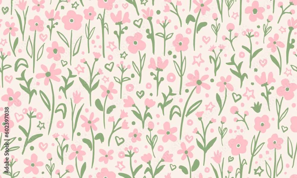 Cute flowers with leaves, dots, stars and hearts seamless repeat pattern. Vector botany all over surface print on white background.