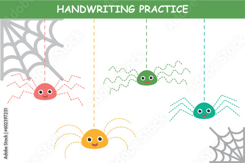 Educational worksheet for kids. Handwriting practice. Cute spider and his web. Trace the lines. Printable for halloween.