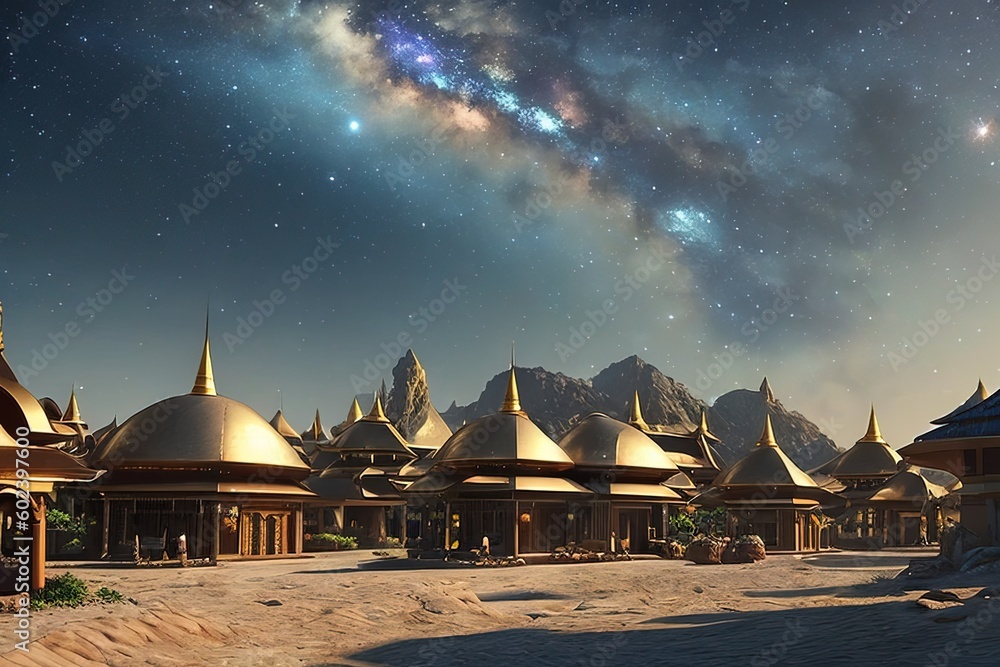 Village in galaxy, metalic build thai arabic oriental style