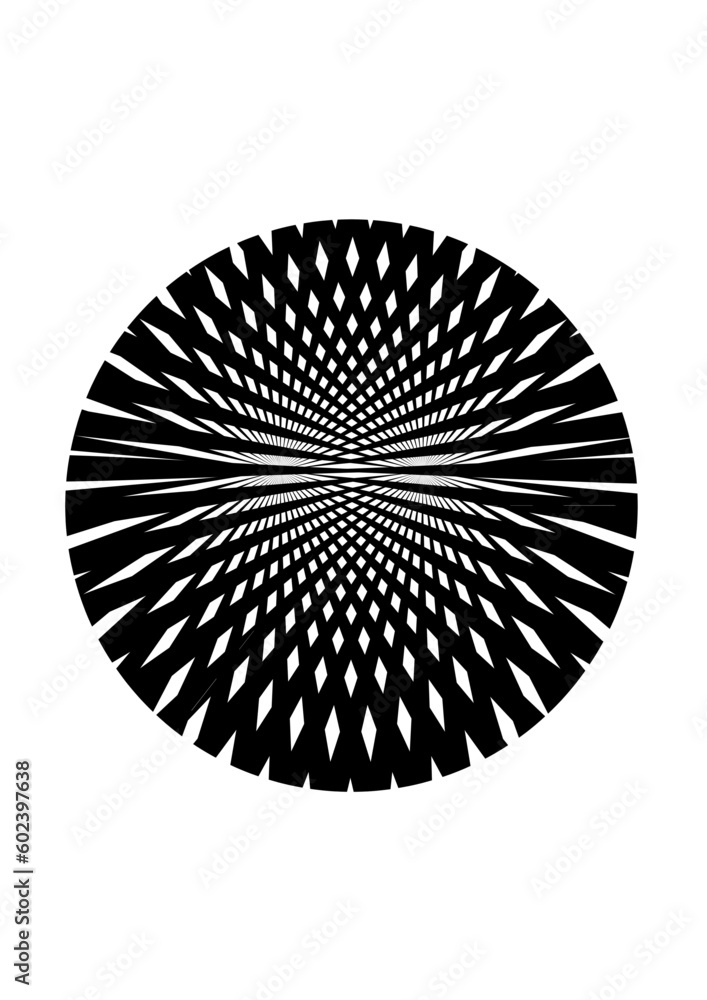 kreisfläche gefüllt mit schwarz-weißen linien und strahlen mit einem asymmetrischen zentrum, modern art