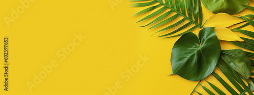 Tropical palm leaves on yellow background. Summer concept. Flat lay  top view  copy space