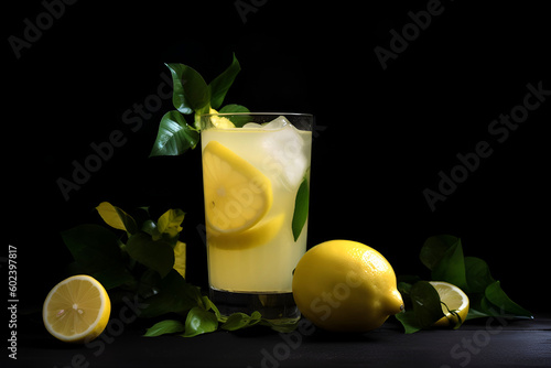 Cool freshly made lemonade and lemon fruits on black background. Space for text. AI generated