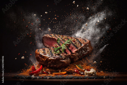 Grilled steak meat piece with spices Smoke, fire. Grilled meat levitation. Generative AI.