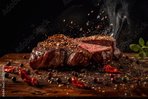 Grilled steak meat piece with spices Smoke, fire. Grilled meat levitation. Generative AI.