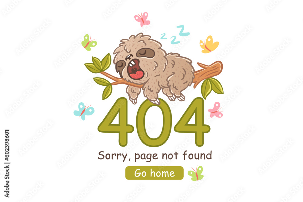 Vector illustration of a sleep sloth on branch with green leaves for 404 error web page. Webpage 404 with sloth and butterflyes.