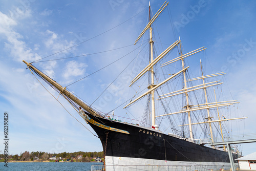Historic museum ship Pommern moored at harbour in Mariehamn, Åland Islands, Finland, on a sunny day in the spring.
