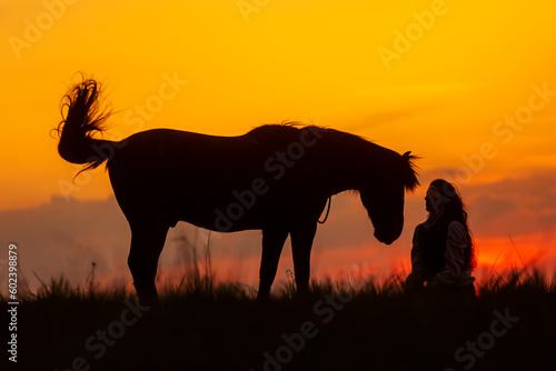 silhouette of a woman with horse against the sunset © michal