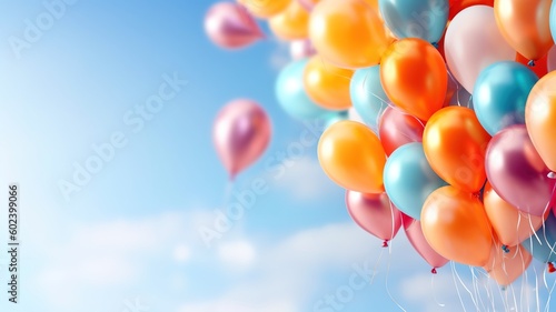 Colorful balloons floating in the sky, banner with copy space for text. Generative AI