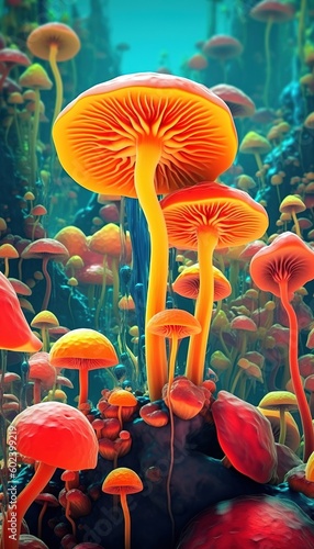 Surreal colorful and vibrant mushrooms. Psychedelia concept. Generative AI vertical illustration